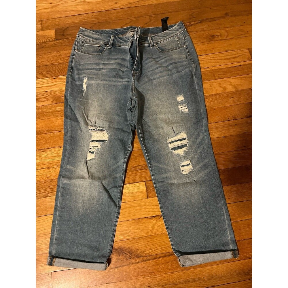Chico's Women's Blue Medium Wash Mid Rise Girlfriend Distressed Stretch Jeans